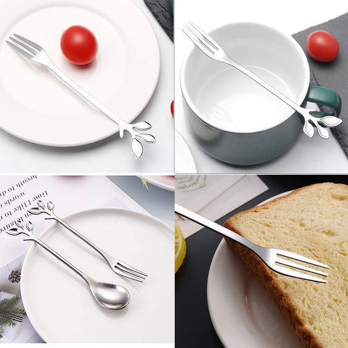 AnSaw 8-Piece Silver 4.7" Leaf Handle Mini Spoons & Forks - Perfect for Coffee, Desserts, Tea, Appetizers | Elegant Stainless Steel Cutlery Set fo...