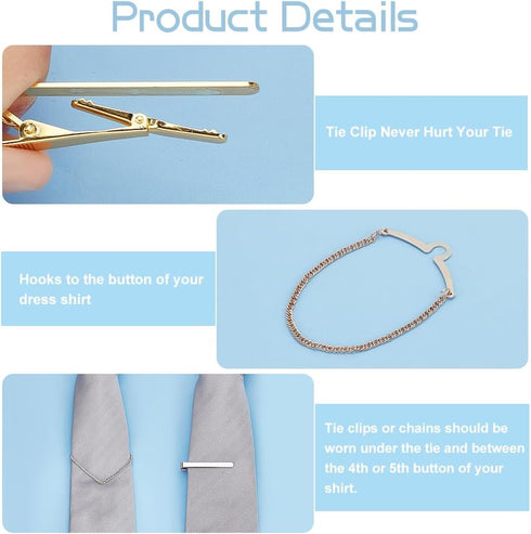 FINGERINSPIRE 4 Pack Men for Tie Chain Classic Platinum & Golden Tie Clips Link Chain Set Men's Noble Necktie Tie Chain With Collar Tie Clasps for...