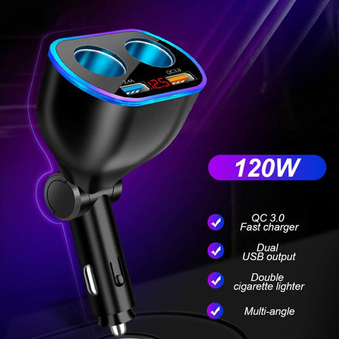 Car Charger Cigarette Lighter Splitter Adapter,120W QC3.0 Dual USB Car Charger with LED Voltmeter 12/24V Sockets Splitter Cigarette Lighter USB Ch...