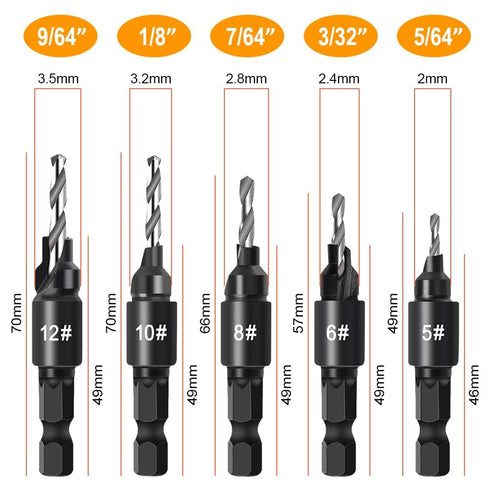 Countersink Drill Bit Set, 5Pcs Woodworking Counterbore Hole Drill Bits for Wood, 1/4" Hex Shank Quick Change Chamfered Adjustable Drilling Tool K...