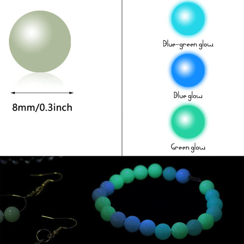 200 Pcs Luminous Solar Stone Beads Shiny Stone Glow in The Dark Glowing Loose Bead Round 8mm Blue Green Mixed with Hole for DIY Jewelry Making Bra...