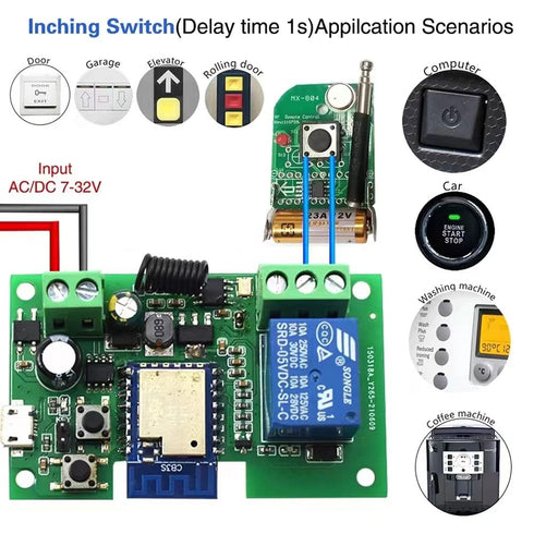 Tuya Smart Life WiFi Momentary Inching Relay Self-Locking Switch Module,DC 7-32V/USB 5V WiFi RF Bluetooth Relay,DIY Smart Home,Compatible with Ale...