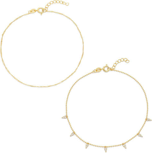 Amazon Essentials Plated Diamond Cut Twisted Chain and Pave Stations Anklet Set 9" + 1" Extender...