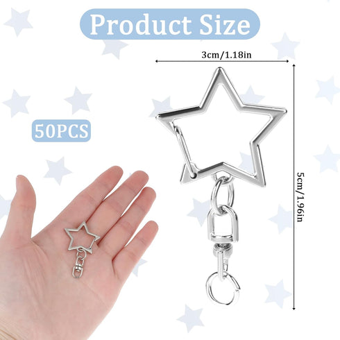 50 Pcs Silver Star Shaped Spring Snap Keychain with Chain Hanging Buckle and Open Jump Ring Star Lobster Claw Clasp Star Keychain Clip for DIY Cra...