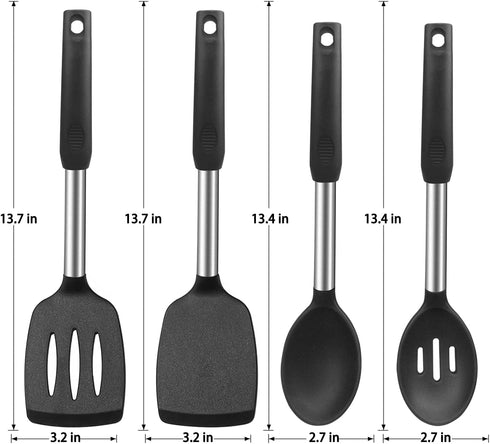 Silicone Cooking Spatulas and Spoons, 4 Pack Heat Resistant Silicone Cooking Utensils Set, Non Stick Large Kitchen Silicone Spatula and Spoons for...