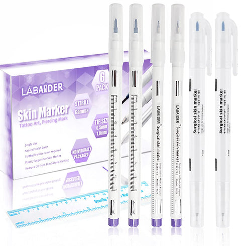 LabAider 6Pcs Professional Surgical Tip Skin Marker Pen Sterile Tattoo Stencil Markers Pen with Paper Ruler for Eyebrow, Lips - Individually Wrapp...