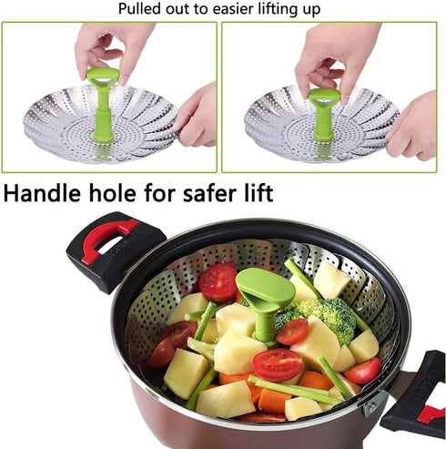 Vegetable Steamer Basket, Stainless Steel Folding Steamer with Extending Removable Center Handle Insert for Veggie Seafood Cooking to Fit Various ...
