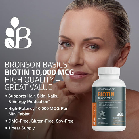 Bronson Biotin 10,000 MCG Supports Healthy Hair, Skin & Nails & Energy Production - High Potency Beauty Support - Non-GMO, 360 Vegetarian Tablets...