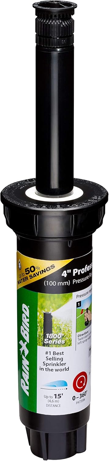 Rain Bird 1804HV15PR Pressure Regulating (PRS) High-Efficiency Professional Pop-Up Sprinkler, 0° - 360° Adjustable Pattern, 12' - 15' Spray Distan...