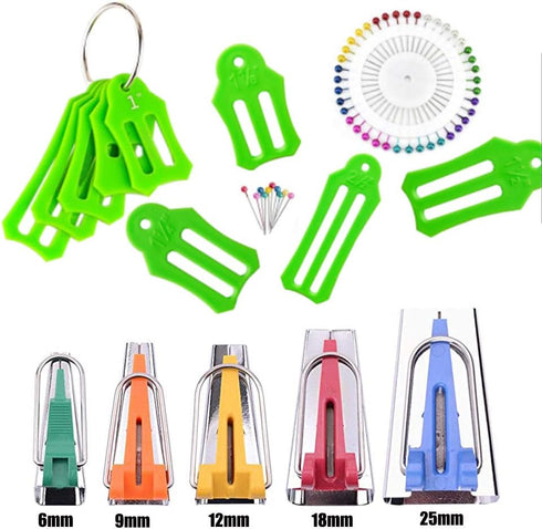 HONEYSEW Set of 15 Size Fabric Bias Tape Maker Tools Fabric Sewing Quilting Bias Binding Maker Come with 40 pcs of Multi-Color Quilting Pins Jelly...