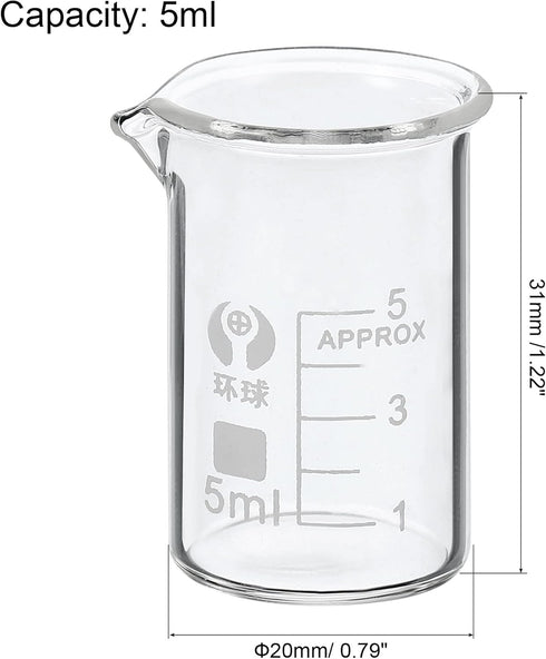 PATIKIL 5ml Low Form Glass Beaker, 3.3 Borosilicate Glass Graduated Printed Scale Measuring Cups with Spout for Kitchen Lab Liquids Transit Boilin...
