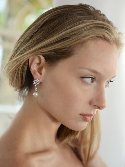 Mariell Pearl Clip-On Wedding Bridal Earrings, Cubic Zirconia Pearl Drop Earrings for Brides, Bridesmaid,...