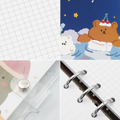 2 Pcs A6 Binder Notebook,Cartoon Bear 6 Ring Loose Leaf Small Diary Journal Planning Notepad Pocket Notebook with Transparent PVC Cover Gift for K...