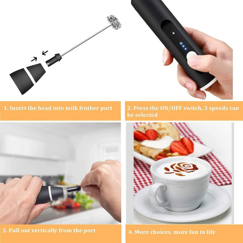 Milk Frother Handheld, Immersion Blender Cordlesss Foam Maker USB Rechargeable Small Mixer with 2 Stainless Whisks?Wisker for Stirring 3-Speed Adj...