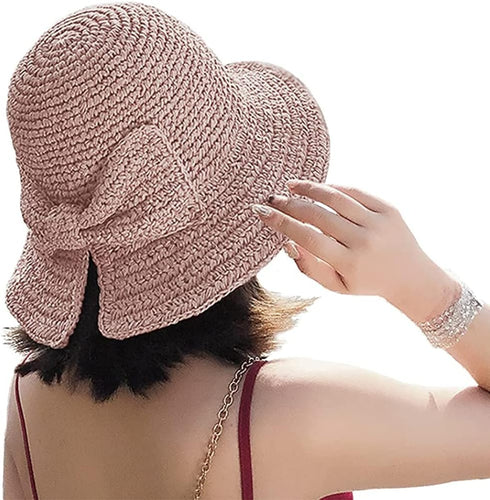 Foldable Wide Brim Floppy Straw Beach Sun Hat,Summer Cap with Bowknot for Women Girls,Strap Adjustable...