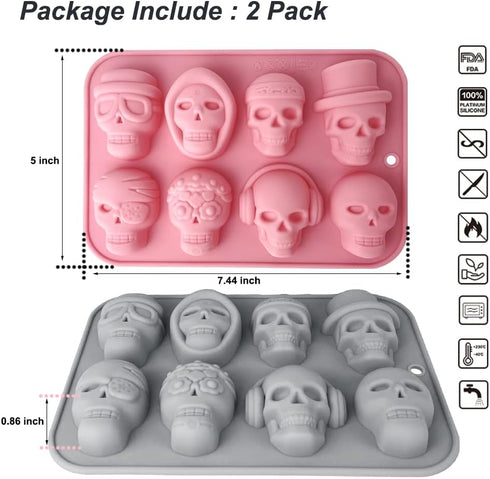 2 Pack 3D Skull Silicone Molds 8 Cavity Skull Themed Baking Mould Tray DIY Baking Tool for Chocolate Cake Dessert Candy Mousse Pastry Handmade Soa...