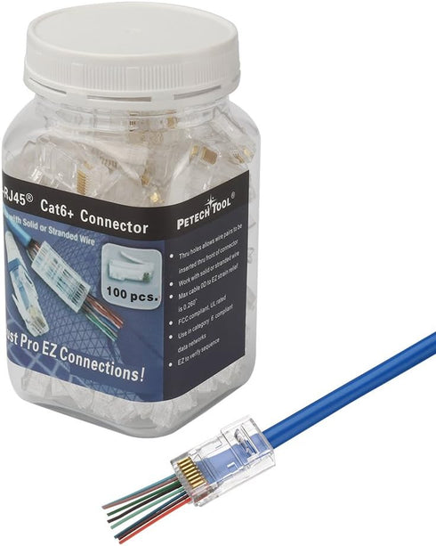 PETECHTOOL 100-Pack RJ45 CAT6A CAT6 Pass Through Connectors 23AWG Cables-End Bold UTP Ethernet 8P8C Gold Plated Modular Plug for Unshielded Twiste...