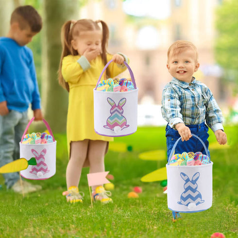 Cootato Easter Bunny Basket Bags for Kids, Stripe Rabbit Pattern Egg Basket Hunt Bags Personalized Canvas Cotton Bucket with Fluffy Tail for Easte...