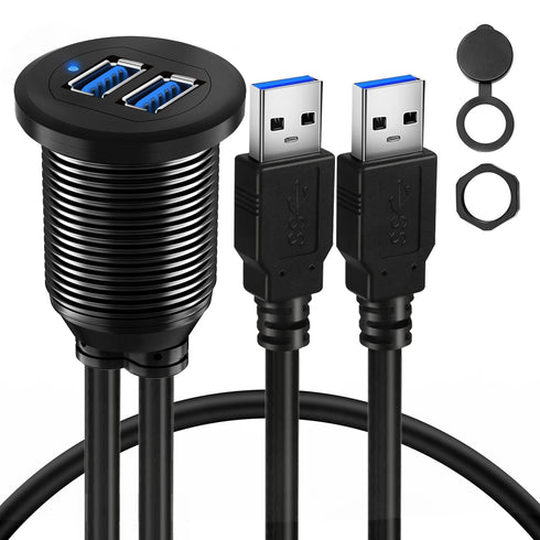 BATIGE Alloy Dual Port USB 3.0 Car Dashboard Flush Mount Cable, Male to Female with LED Indicator Extension Cable for Car Truck Boat Motorcycle Da...