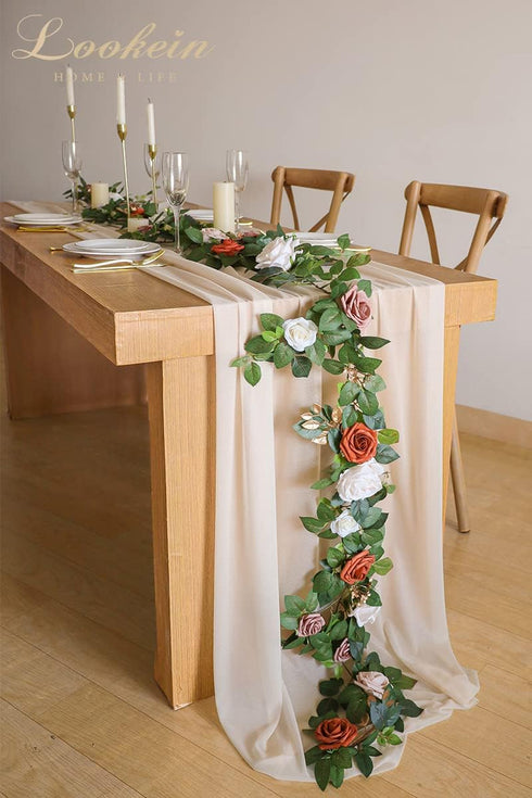 Lookein 10 Feet Champagne Chiffon Table Runner Sheer Wedding Table Cloth 29x120 Inches Rustic Wedding Decorations French Chiffon Table Runner...