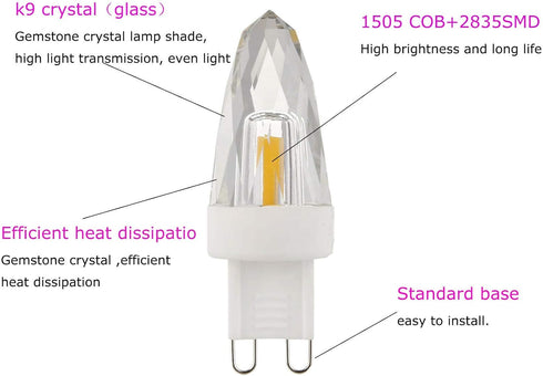 Lxcom Lighting G9 LED Light Bulbs 2W (15W Halogen Equivalent) Dimmable Crystal COB Bulb Warm White 2700K 200LM G9 Base AC110V for Home Lighting, 6...