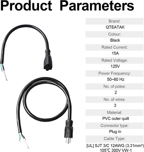 QTEATAK Male and Female Connector Extension Cord 125V 15A 2-Pole 3-Wire 50cm Female Connector and 100cm Male Straight Blade Plug with AWG12 Cables...