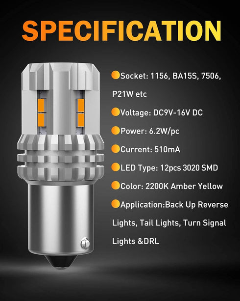 OXILAM Turn Signal Light 1156 LED Bulbs Amber Yellow 2200K Extremely Bright BA15S 1141 1003 7506 LED Bulbs with High Power 12pcs 3020SMD Chipsets,...