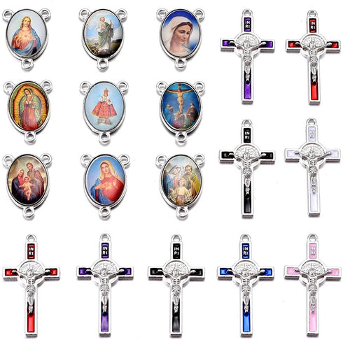 60Pcs/30Set Rosary Kits Cross and Center Medal Charms Alloy Religion Enamel Picture Jesus Virgen De Guadalupe Charm Crucifix Pendant for Diy Jewel...