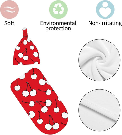 White Abstract Cherry Berries Newborn Swaddle Blanket with Beanie Set Soft Baby Sleep Sack Stretch Adjustable Swaddle Wraps Receiving Blankets for...