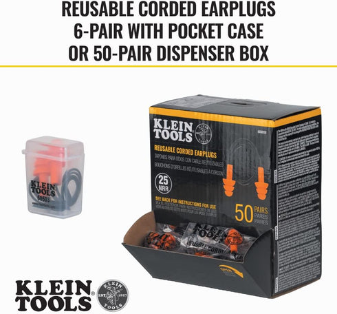 Klein Tools 605036 Corded Earplugs, 25dB NRR, Reusable Orange Earplugs, 6-Pack with Case for Construction, Industrial Use, Shooting and Hunting...