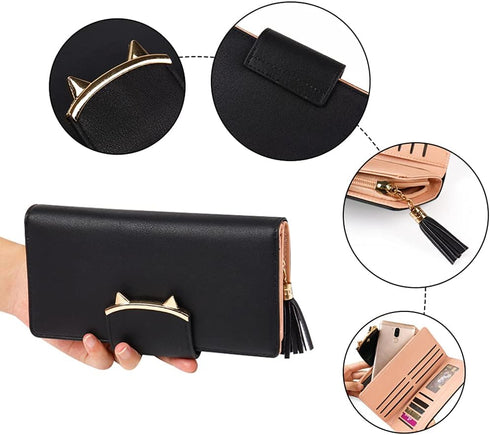 Wallet Women Cute Bifold Clutch Wallets with Zipper Coin Purse Card Holder Money Clip Gifts for Cat Lovers Black...