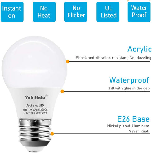 YukiHalu A15 LED Light Bulbs, 60W Equivalent, E26 Base, 2700K/3000K/5000k White, 7W 600 Lumens 120V, UL Listed, Ceiling Fan Light Bulbs, Appliance...