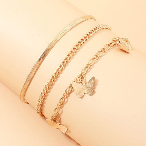 3Pcs Cuban Link Ankle Bracelet Set for Women Gold Plated Stainless Steel Butterfly Snake Chain Anklets Layered Butterfly Chain Anklet for Summer B...