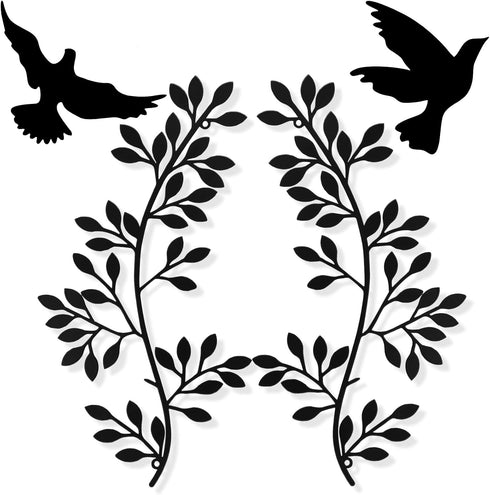 YGAOHF 2 PCS Black Metal Tree Leaf Wall Decor with 2 Dove Stickers, Vine Olive Branch Art Wrought Iron Scroll Sculptures Above The Bed, Indoor Out...