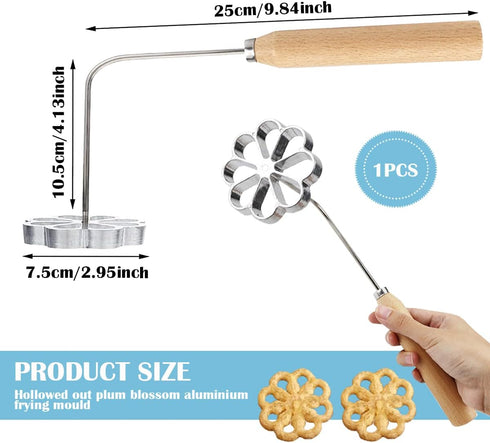 DOERDO 1PCS Wooden Handle Frying Mold Rosette Waffle Molds Homemade Frying Mold Kitchen Gadgets, Silver...