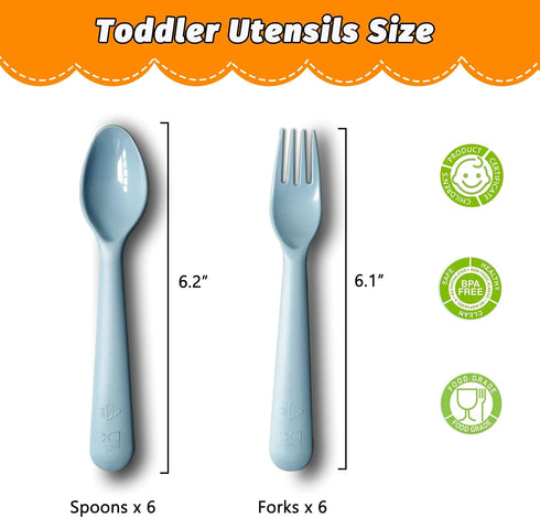 12 Pcs Plastic Toddler Utensils Set 6 Kids Forks and 6 Kids Spoons BPA Free/Dishwasher Safe Toddler Silverware Brightly Colored Kid Plastic Cutler...