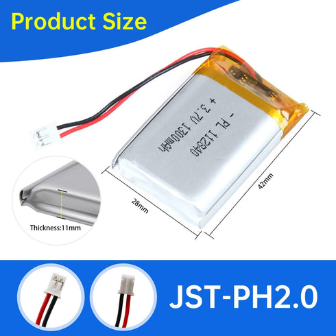 112840 3.7V Lipo Battery 1300mAh 112840 Rechargeable Lithium Polymer Battery Pack with JST PH2.0mm Connector for Electronic Device...