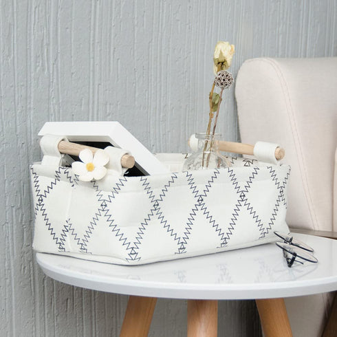 Decorative Collapsible Rectangular Fabric Storage Bin Organizer Basket with Wooden Handles for Clothes Storage, 11"×7.1"×3.9", White...