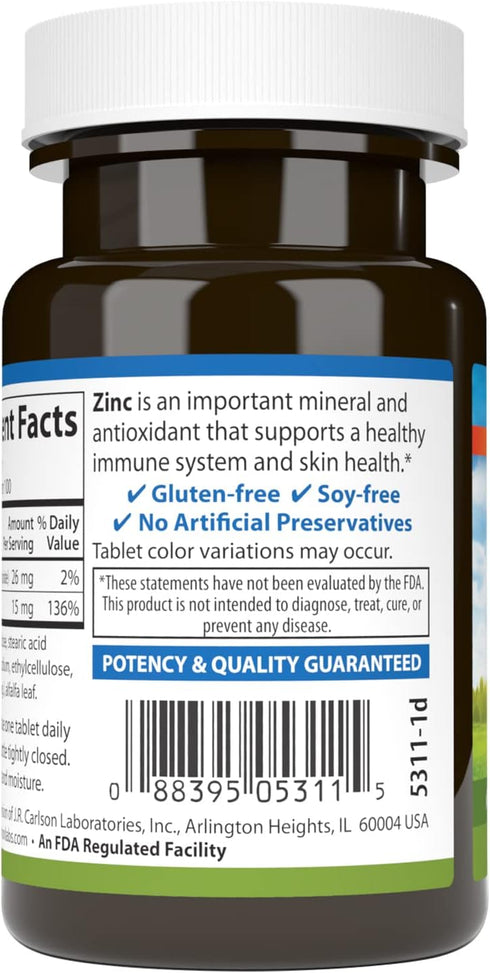 Carlson - Zinc, 15 mg, Zinc Supplement, Zinc Gluconate, Immune Support & Skin Health, Zinc Tablets, Antioxidant, Zinc Capsules, 100 Tablets...