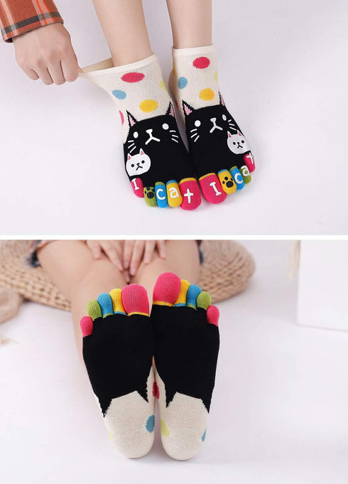 ZAKASA Womens Funny Toe Sock Cotton Five Finger Running Ankle Novelty Socks (Animal cat, US shoe 6-9)...