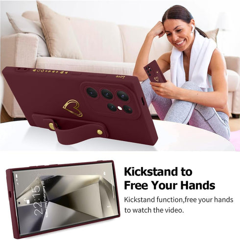 Fiyart Designed for Samsung Galaxy S24 Ultra Case with Phone Stand Holder Cute Love Hearts Protective Camera Protection Cover with Wrist Strap for...