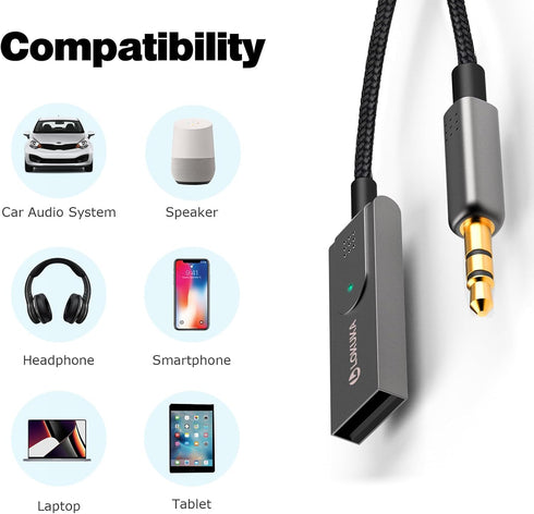 Bluetooth 5.3 to Aux Adapter for Car, Supports 2 Smartphones, USB to 3.5mm Bluetooth Receiver adds Bluetooth to Car, Speaker, and Home Stereo Audi...