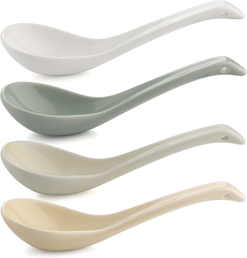 Asian Soup Spoons Chinese Ceramic Soup Spoon Set of 4 Porcelain Ramen Soup Spoons Dinner Spoons for Dumpling Ramen Cereal Appetizer Noodles Udon P...