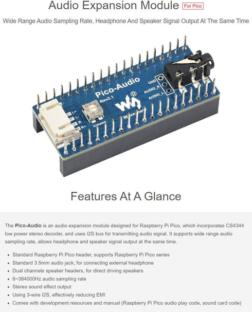 Waveshare Audio Expansion Module for Raspberry Pi Pico Wide Range Audio Sampling Rate Headphone and Speaker Signal Output at The Same Time...