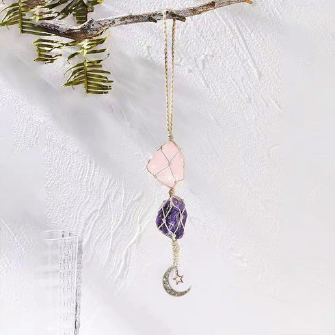 Car Hanging Charm Pendant Dangling Moon, Car Charm Dangling Moon Star Rearview Mirror Decorations, Handmade Ornaments Natural Energy Crystal for C...