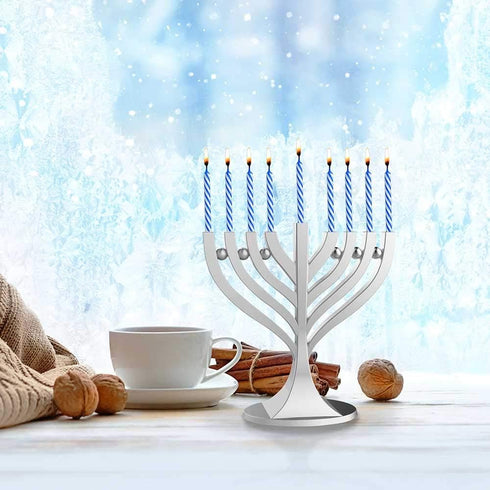 Zion Judaica Mini Classic Menorah with Mini Birthday Size Hanukkah Candles - Satin Silver Small Travel Minorah with 44 Blue and White Spiral Chanu...