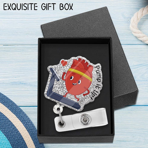 Pump It Up Funny Glitter Badge Scroll Retractable, Cute Heart Badge Holder for Doctor, Christmas Birthday Gift for Nurse Cardiology Physician Cath...