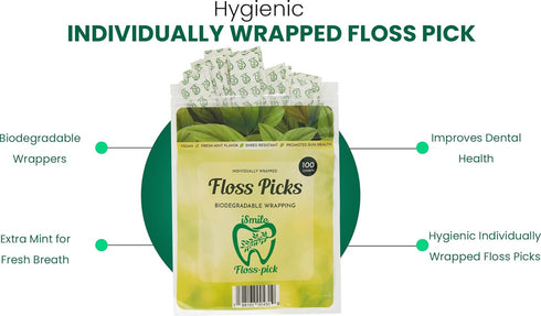 i-Smile Dental Floss Picks Individually Wrapped in Biodegradable Paper, Extra Mint Flavor, Promotes Gum Health, Shred Resistent...