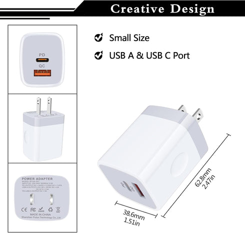 USB C Power Adapter,3Pack 20W 2 Port PD&QC 3.0 Type C Fast Charging Block Wall Charger Compatible for iPhone 16e 16 15 14 13 12 11 Pro Max,SE,iPad...