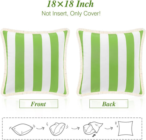 Outdoor Throw Pillow Covers 18×18 Inch, Waterproof Square Throw Pillow Cases with Fringe, Striped Decorative Outdoor Cushion Covers for Garden, Pa...